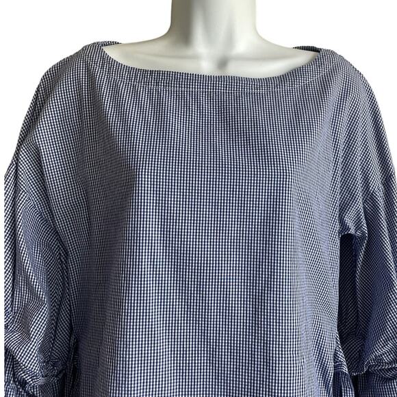 Max‎ Jeans Women Top S Blue Small Checkered Tiered Puff Sleeve Back Tie Preppy - Picture 14 of 14